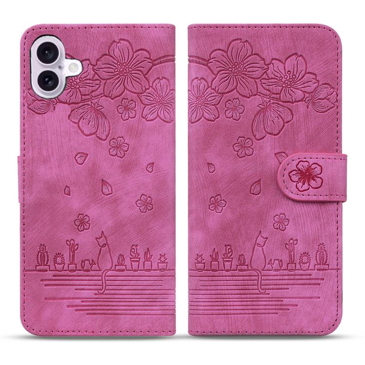 Cartoon Sakura Cat Embossed Leather Phone Case, For iPhone 18 Pro / 17 Pro, For iPhone 18 Pro Max / 17 Pro Max, For iPhone 17e / 16e, For iPhone 17