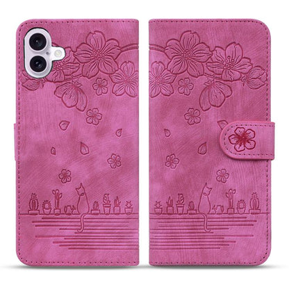 Cartoon Sakura Cat Embossed Leather Phone Case, For iPhone 18 Pro / 17 Pro, For iPhone 18 Pro Max / 17 Pro Max, For iPhone 17e / 16e, For iPhone 17