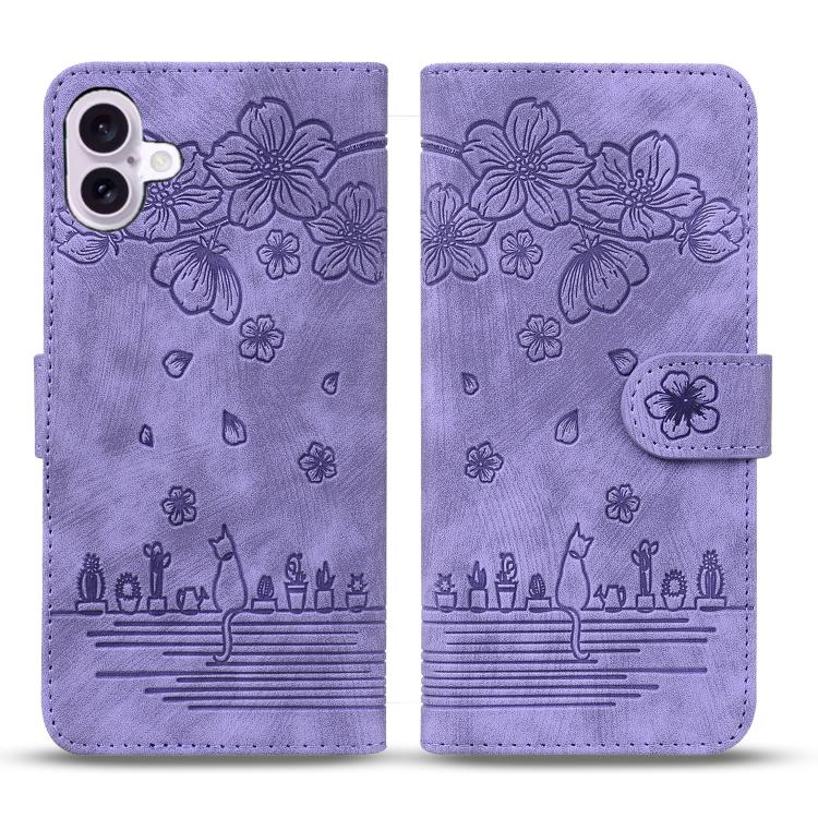 Cartoon Sakura Cat Embossed Leather Phone Case, For iPhone 18 Pro / 17 Pro, For iPhone 18 Pro Max / 17 Pro Max, For iPhone 17e / 16e, For iPhone 17