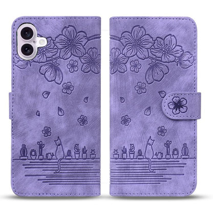 Cartoon Sakura Cat Embossed Leather Phone Case, For iPhone 18 Pro / 17 Pro, For iPhone 18 Pro Max / 17 Pro Max, For iPhone 17e / 16e, For iPhone 17