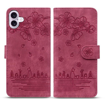Cartoon Sakura Cat Embossed Leather Phone Case, For iPhone 18 Pro / 17 Pro, For iPhone 18 Pro Max / 17 Pro Max, For iPhone 17e / 16e, For iPhone 17