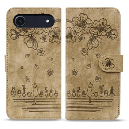 Cartoon Sakura Cat Embossed Leather Phone Case, For iPhone Air, For iPhone 16 Pro Max, For iPhone 16 Pro, For iPhone 16 Plus