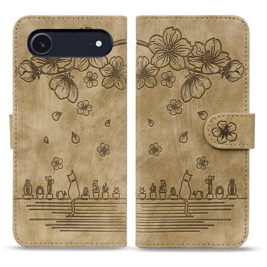 Cartoon Sakura Cat Embossed Leather Phone Case, For iPhone Air, For iPhone 16 Pro Max, For iPhone 16 Pro, For iPhone 16 Plus