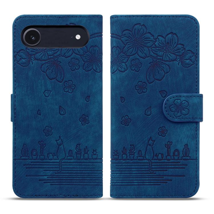 Cartoon Sakura Cat Embossed Leather Phone Case, For iPhone Air, For iPhone 16 Pro Max, For iPhone 16 Pro, For iPhone 16 Plus