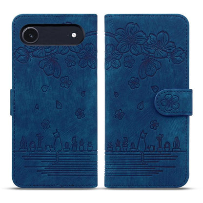 Cartoon Sakura Cat Embossed Leather Phone Case, For iPhone Air, For iPhone 16 Pro Max, For iPhone 16 Pro, For iPhone 16 Plus