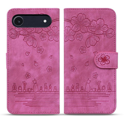 Cartoon Sakura Cat Embossed Leather Phone Case, For iPhone Air, For iPhone 16 Pro Max, For iPhone 16 Pro, For iPhone 16 Plus