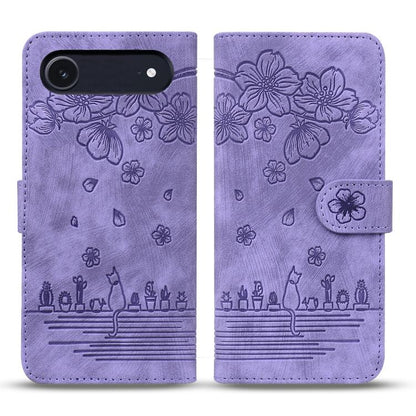 Cartoon Sakura Cat Embossed Leather Phone Case, For iPhone Air, For iPhone 16 Pro Max, For iPhone 16 Pro, For iPhone 16 Plus