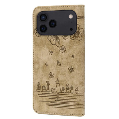 Cartoon Sakura Cat Embossed Leather Phone Case, For iPhone 18 Pro / 17 Pro, For iPhone 18 Pro Max / 17 Pro Max, For iPhone 17e / 16e, For iPhone 17