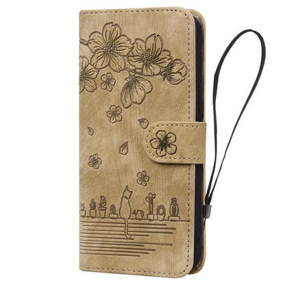 Cartoon Sakura Cat Embossed Leather Phone Case, For iPhone 18 Pro / 17 Pro, For iPhone 18 Pro Max / 17 Pro Max, For iPhone 17e / 16e, For iPhone 17