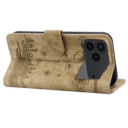Cartoon Sakura Cat Embossed Leather Phone Case, For iPhone 18 Pro / 17 Pro, For iPhone 18 Pro Max / 17 Pro Max, For iPhone 17e / 16e, For iPhone 17