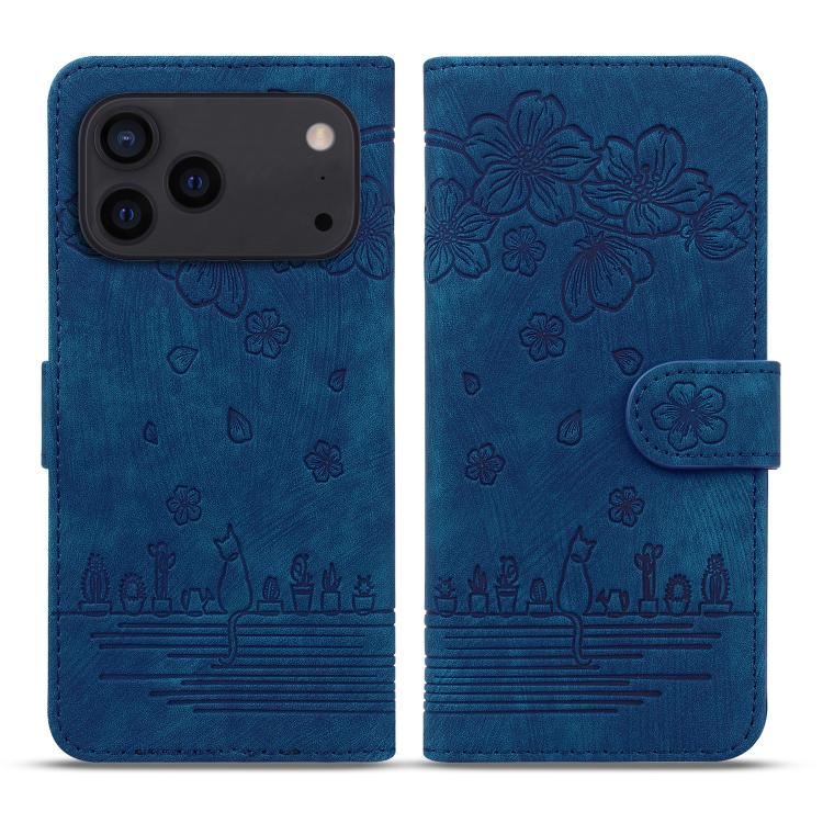 Cartoon Sakura Cat Embossed Leather Phone Case, For iPhone 18 Pro / 17 Pro, For iPhone 18 Pro Max / 17 Pro Max, For iPhone 17e / 16e, For iPhone 17