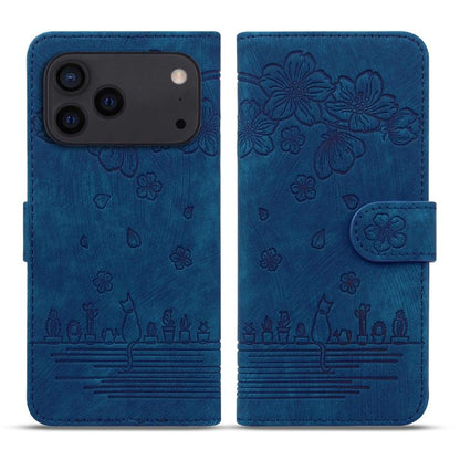 Cartoon Sakura Cat Embossed Leather Phone Case, For iPhone 18 Pro / 17 Pro, For iPhone 18 Pro Max / 17 Pro Max, For iPhone 17e / 16e, For iPhone 17