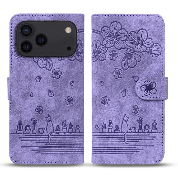 Cartoon Sakura Cat Embossed Leather Phone Case, For iPhone 18 Pro / 17 Pro, For iPhone 18 Pro Max / 17 Pro Max, For iPhone 17e / 16e, For iPhone 17