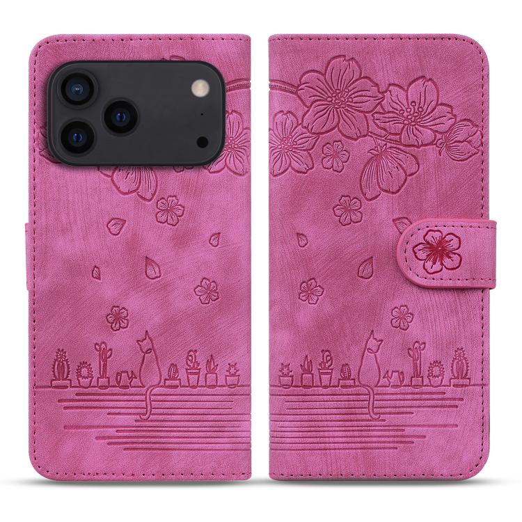 Cartoon Sakura Cat Embossed Leather Phone Case, For iPhone 18 Pro / 17 Pro, For iPhone 18 Pro Max / 17 Pro Max, For iPhone 17e / 16e, For iPhone 17