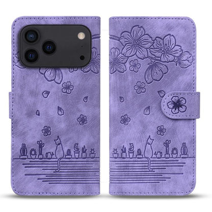 Cartoon Sakura Cat Embossed Leather Phone Case, For iPhone 18 Pro / 17 Pro, For iPhone 18 Pro Max / 17 Pro Max, For iPhone 17e / 16e, For iPhone 17