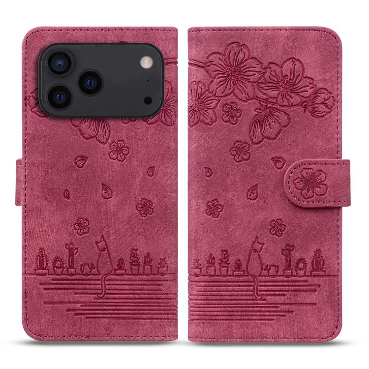 Cartoon Sakura Cat Embossed Leather Phone Case, For iPhone 18 Pro / 17 Pro, For iPhone 18 Pro Max / 17 Pro Max, For iPhone 17e / 16e, For iPhone 17