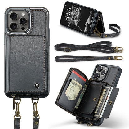 JEEHOOD C22 Series Zipper Wallet Leather Phone Case with Dual Lanyard, For iPhone 16 Pro, For iPhone 16 Plus, For iPhone 16, For iPhone 15 Pro Max