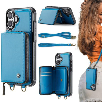 JEEHOOD C22 Series Zipper Wallet Leather Phone Case with Dual Lanyard, For iPhone 16 Pro, For iPhone 16 Plus, For iPhone 16, For iPhone 15 Pro Max