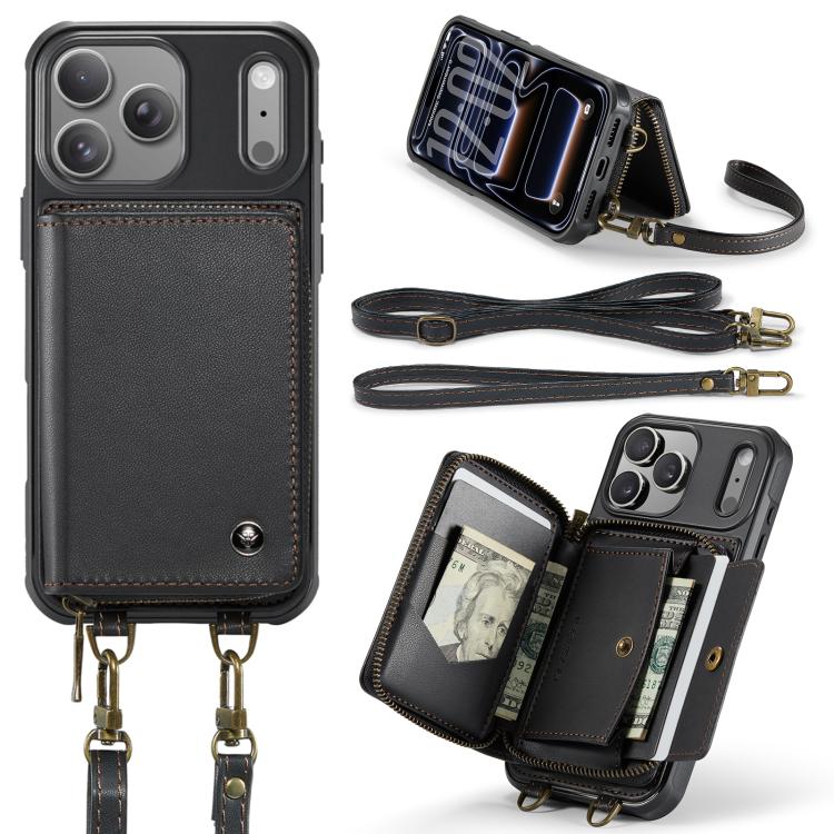 JEEHOOD C22 Series Zipper Wallet Leather Phone Case with Dual Lanyard