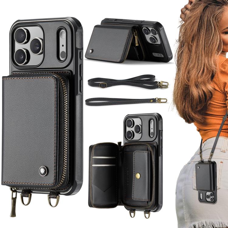 JEEHOOD C22 Series Zipper Wallet Leather Phone Case with Dual Lanyard