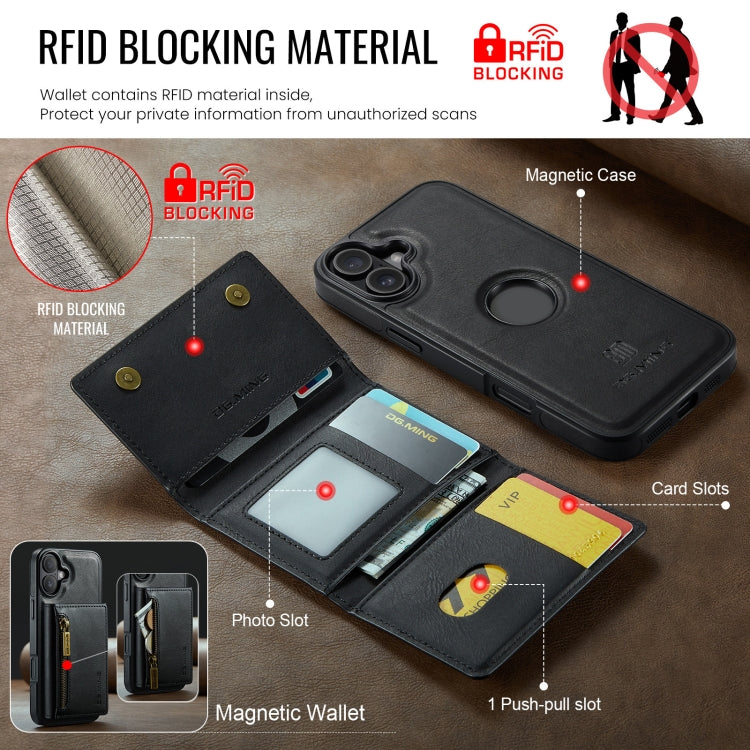 DG.MING M5 Series Zip RFID Multi Card Detachable Leather Phone Case, For iPhone 16, For iPhone 14 Pro Max, For iPhone 15 Pro Max, For iPhone 15 Pro