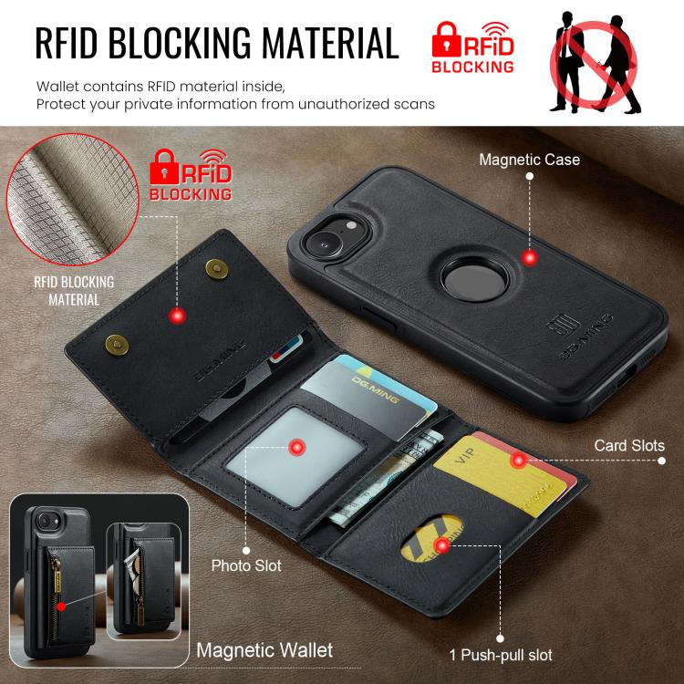 DG.MING M5 Series Zip RFID Multi Card Detachable Leather Phone Case, For iPhone 17e / 16e, For iPhone 17 Pro Max, For iPhone 17 Pro, For iPhone 17