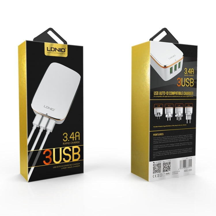 LDNIO A3304 17W 3 USB Interfaces Travel Charger Mobile Phone Charger,, US Plug, EU Plug, UK Plug, AU Plug