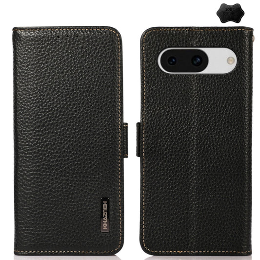 KHAZNEH Side-Magnetic Litchi Genuine Leather RFID Phone Case, For Google Pixel 8a
