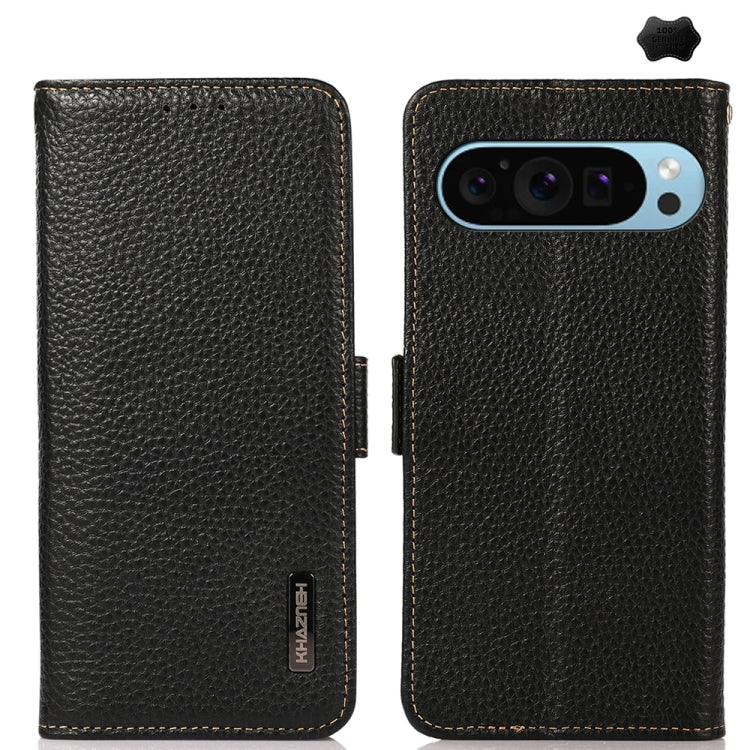 KHAZNEH Side-Magnetic Litchi Genuine Leather RFID Phone Case, For Google Pixel 9, For Google Pixel 8a
