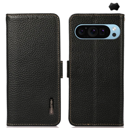 KHAZNEH Side-Magnetic Litchi Genuine Leather RFID Phone Case, For Google Pixel 9, For Google Pixel 8a