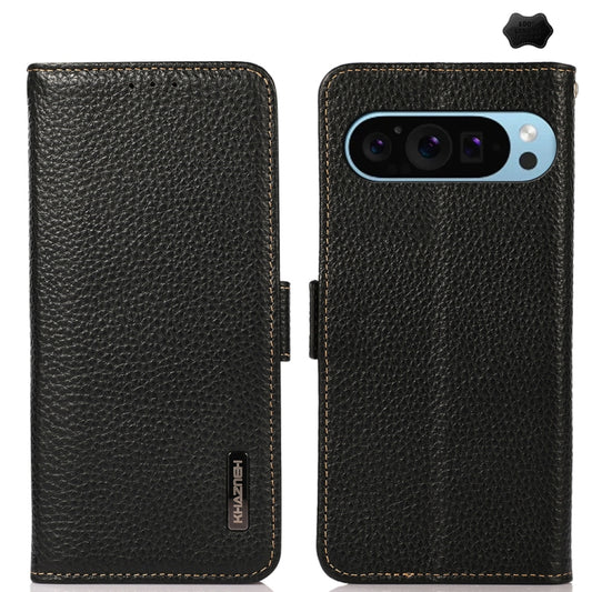 KHAZNEH Side-Magnetic Litchi Genuine Leather RFID Phone Case, For Google Pixel 9, For Google Pixel 8a