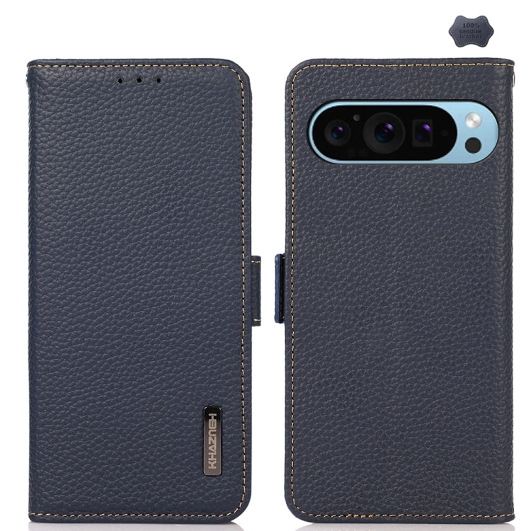 KHAZNEH Side-Magnetic Litchi Genuine Leather RFID Phone Case, For Google Pixel 9, For Google Pixel 8a