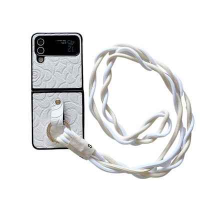 Impression Camellia Pattern Protective Phone Case with Diamond Ring Long Lanyard