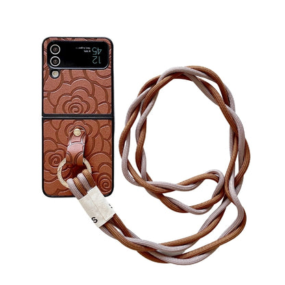 Impression Camellia Pattern Protective Phone Case with Diamond Ring Long Lanyard