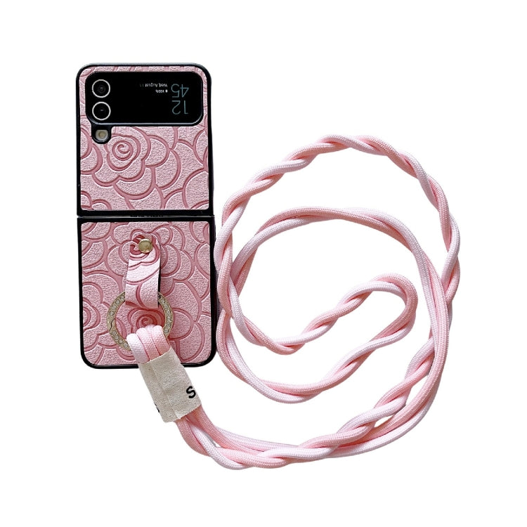 Impression Camellia Pattern Protective Phone Case with Diamond Ring Long Lanyard