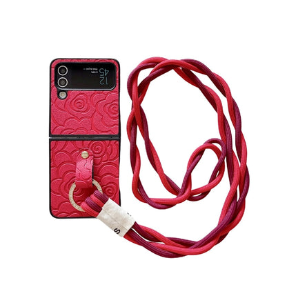 Impression Camellia Pattern Protective Phone Case with Diamond Ring Long Lanyard