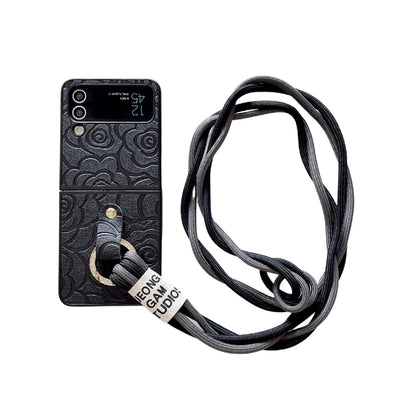 Impression Camellia Pattern Protective Phone Case with Diamond Ring Long Lanyard