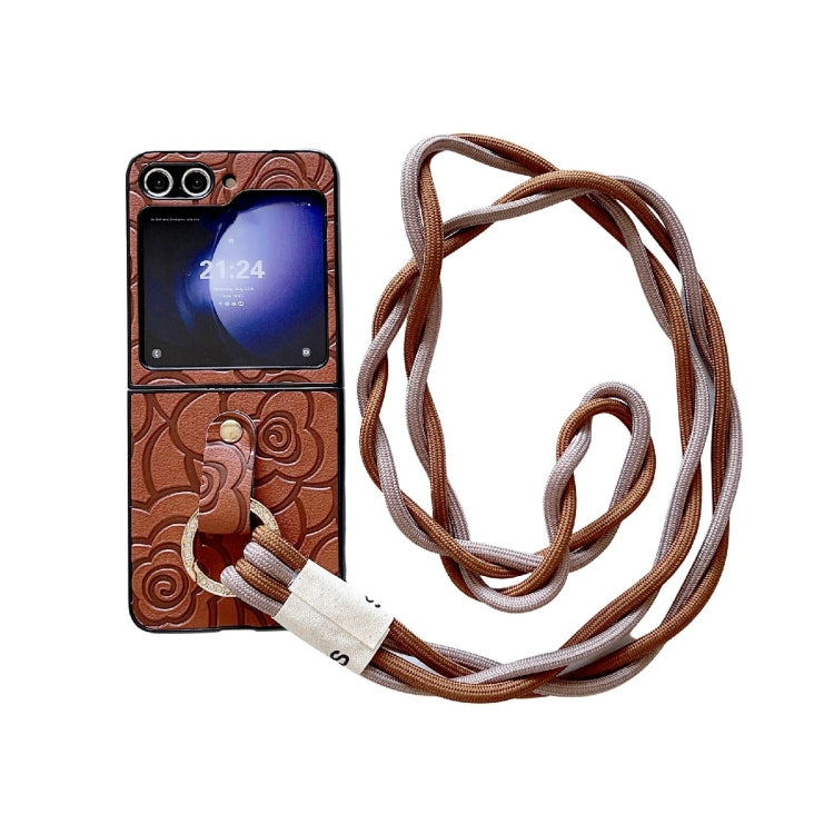 Impression Camellia Pattern Protective Phone Case with Diamond Ring Long Lanyard