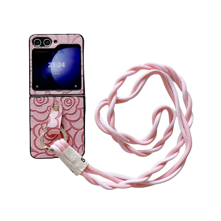 Impression Camellia Pattern Protective Phone Case with Diamond Ring Long Lanyard