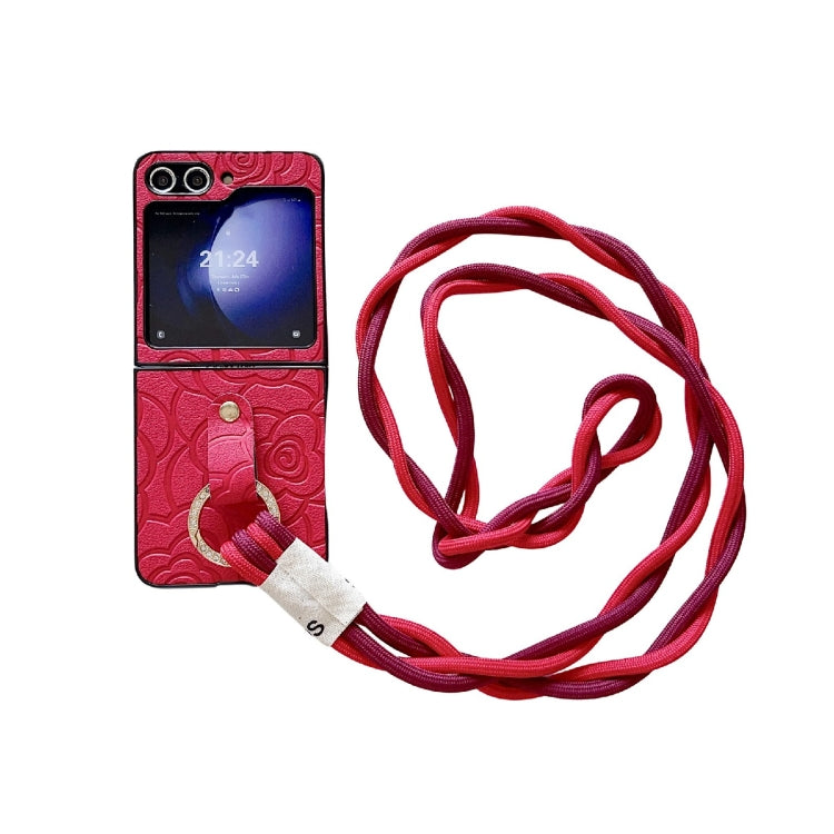 Impression Camellia Pattern Protective Phone Case with Diamond Ring Long Lanyard