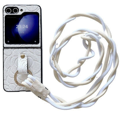 Impression Camellia Pattern Protective Phone Case with Diamond Ring Long Lanyard