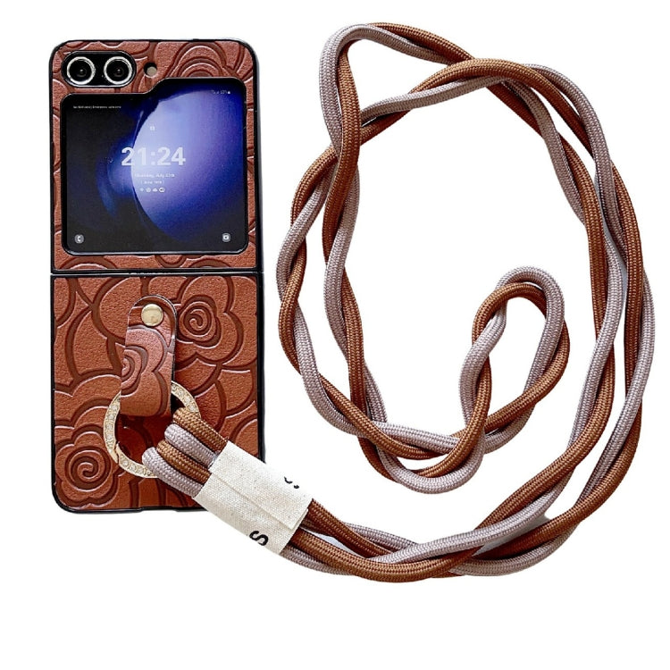 Impression Camellia Pattern Protective Phone Case with Diamond Ring Long Lanyard