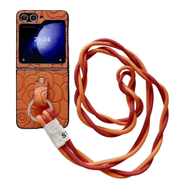 Impression Camellia Pattern Protective Phone Case with Diamond Ring Long Lanyard