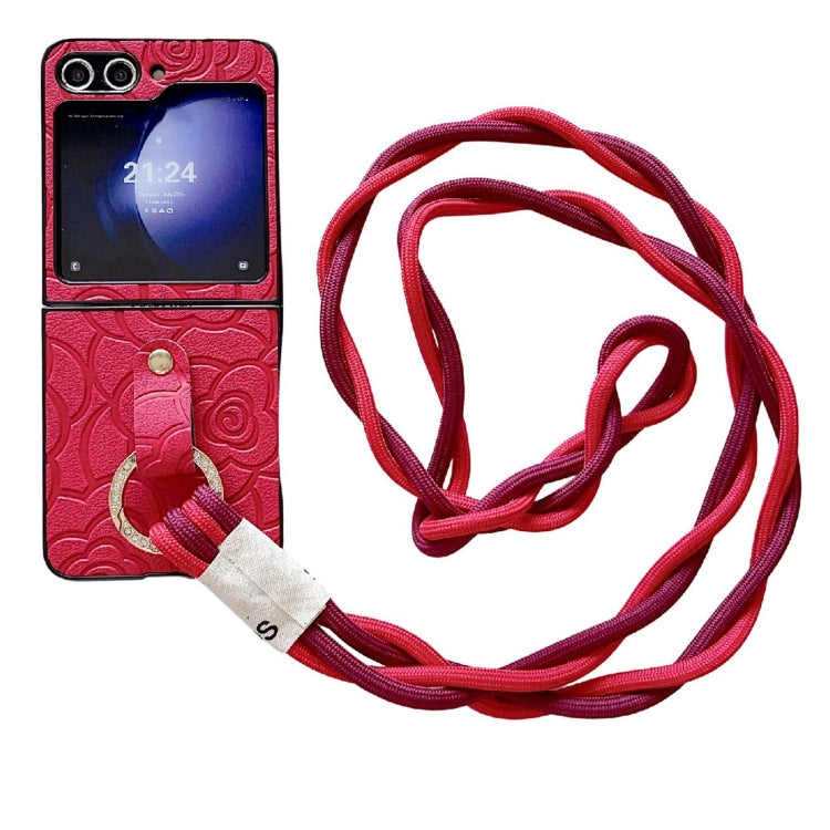 Impression Camellia Pattern Protective Phone Case with Diamond Ring Long Lanyard