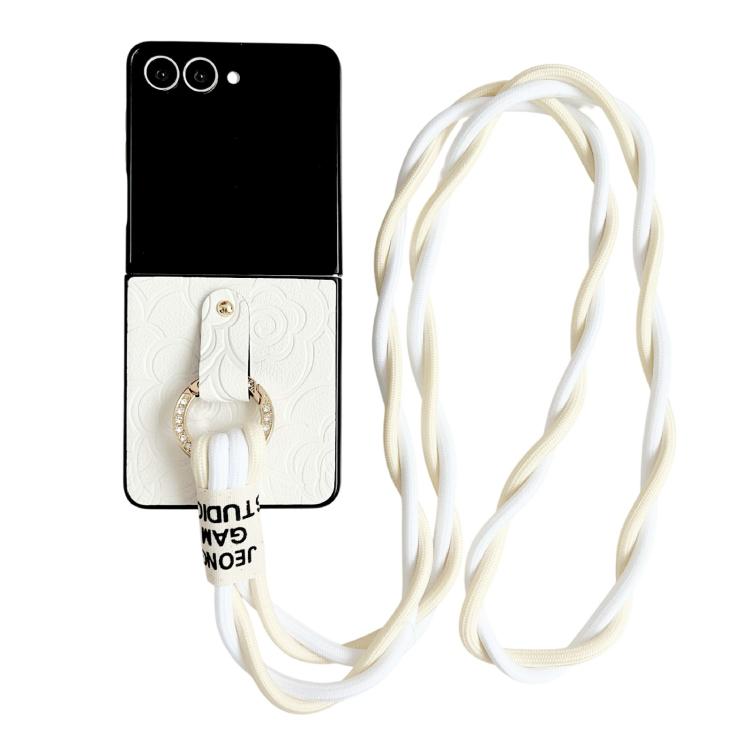 Impression Camellia Pattern Protective Phone Case with Diamond Ring Long Lanyard