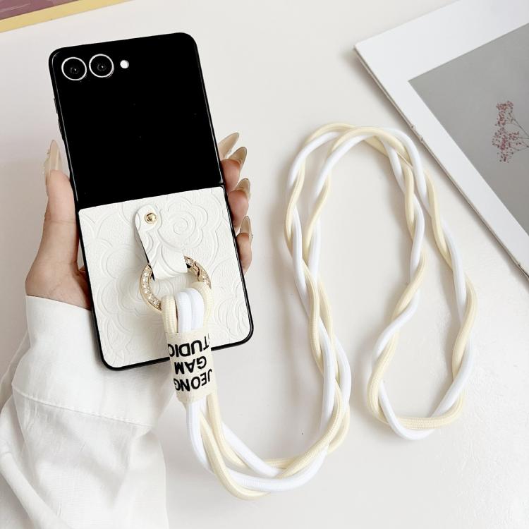 Impression Camellia Pattern Protective Phone Case with Diamond Ring Long Lanyard