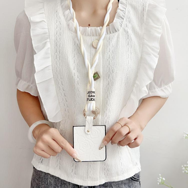 Impression Camellia Pattern Protective Phone Case with Diamond Ring Long Lanyard