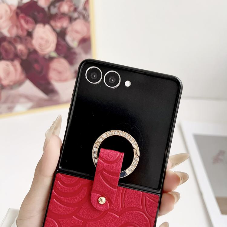 Impression Camellia Pattern Protective Phone Case with Diamond Ring Long Lanyard