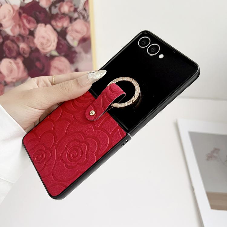 Impression Camellia Pattern Protective Phone Case with Diamond Ring Long Lanyard