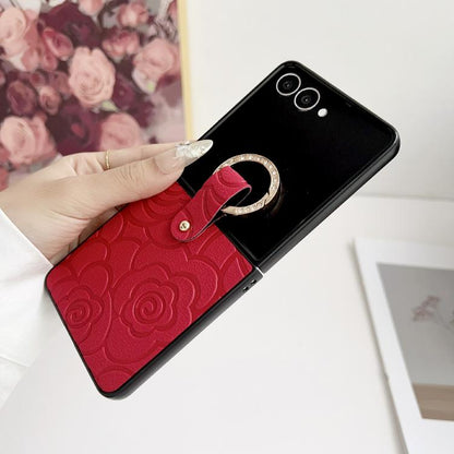 Impression Camellia Pattern Protective Phone Case with Diamond Ring Long Lanyard